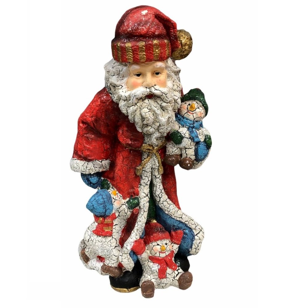 Santa Clause with Snowman Children Crackle Finish 14.5 inches Tall Christmas